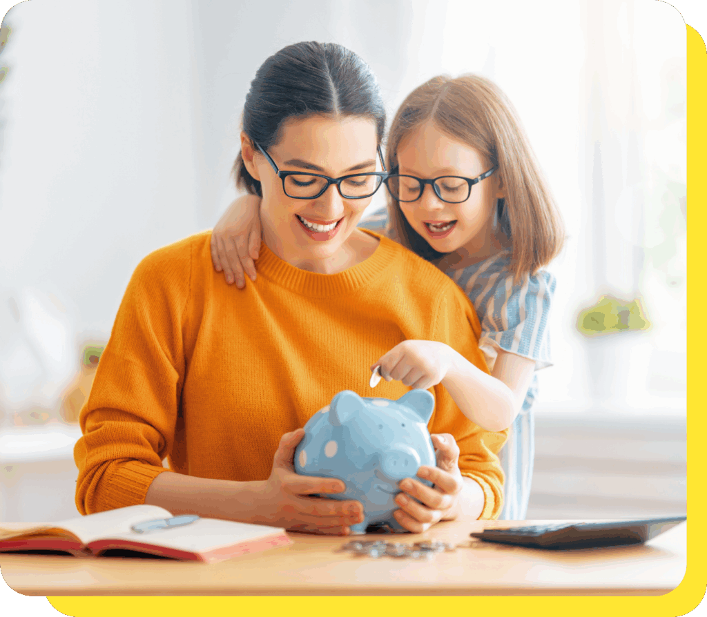 Woman with child saving money after budgeting