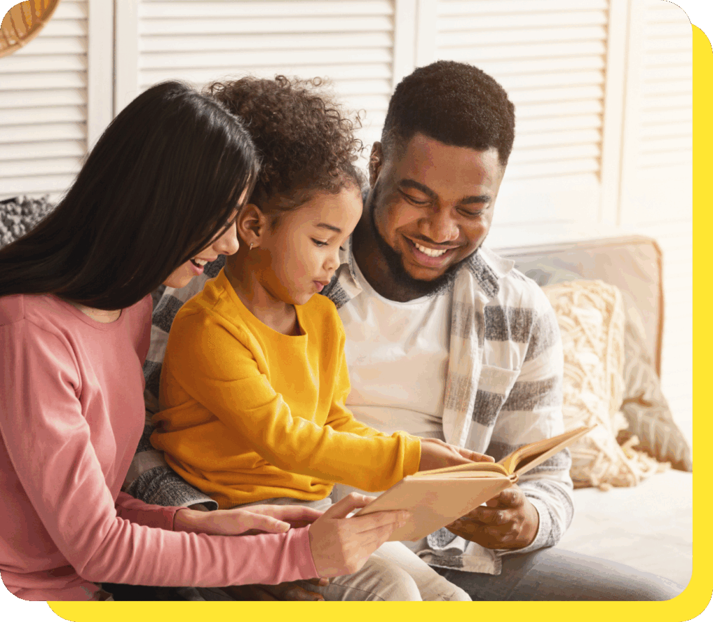 Parents and child smiling together while managing their Serve and Protect Credit Union account, demonstrating family financial security and trust.