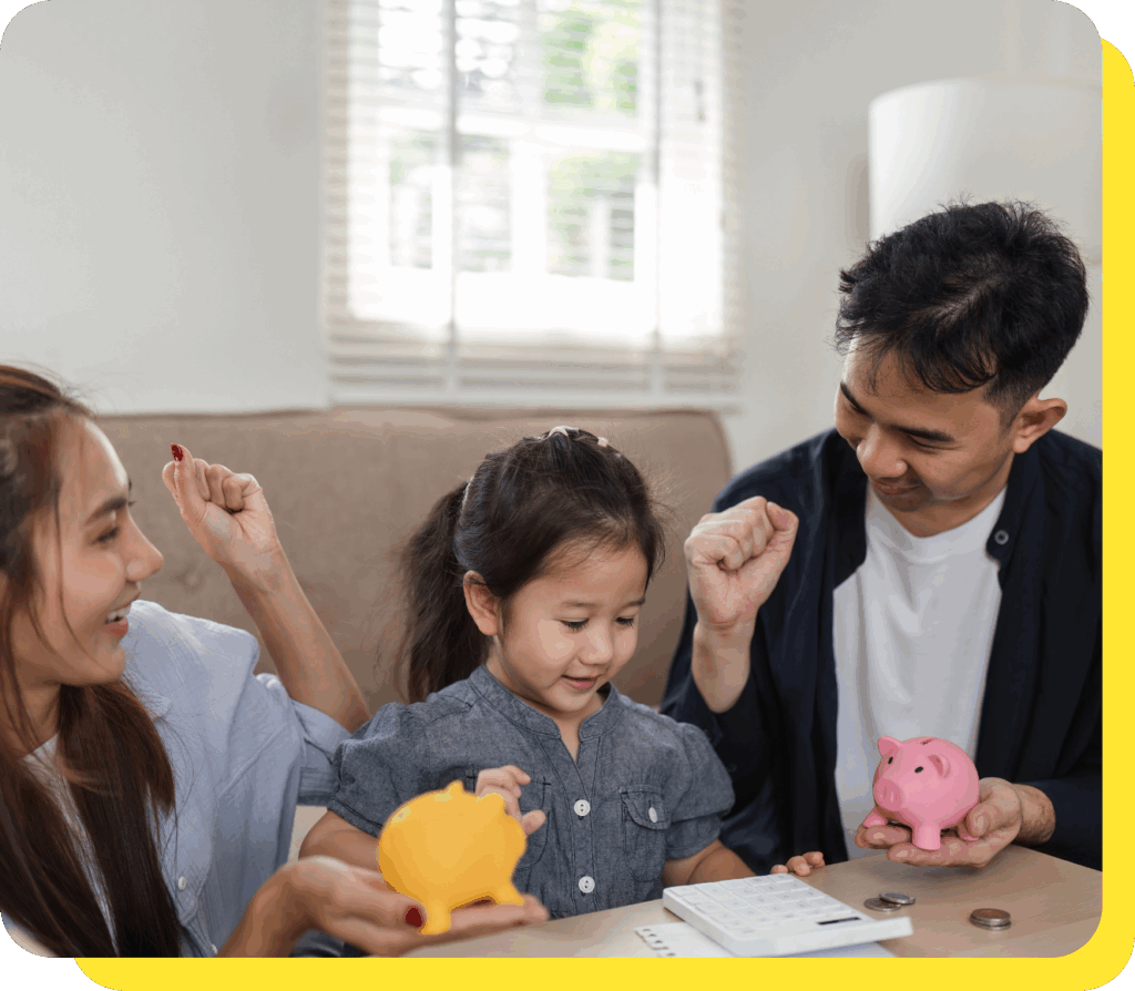 Parents with their kids setting savings goals for a goal savings calculator