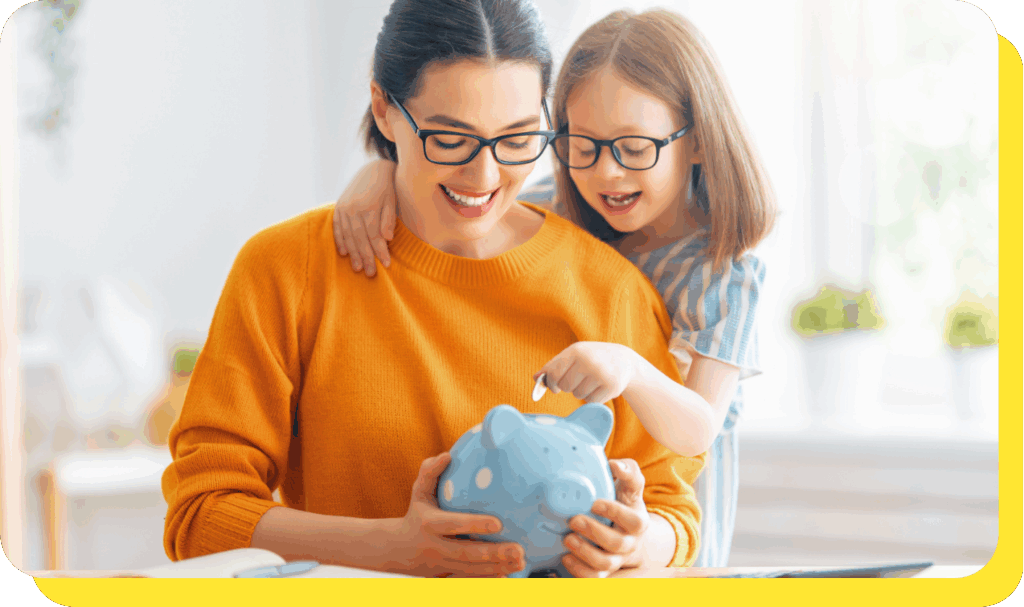 Woman with child saving money after budgeting