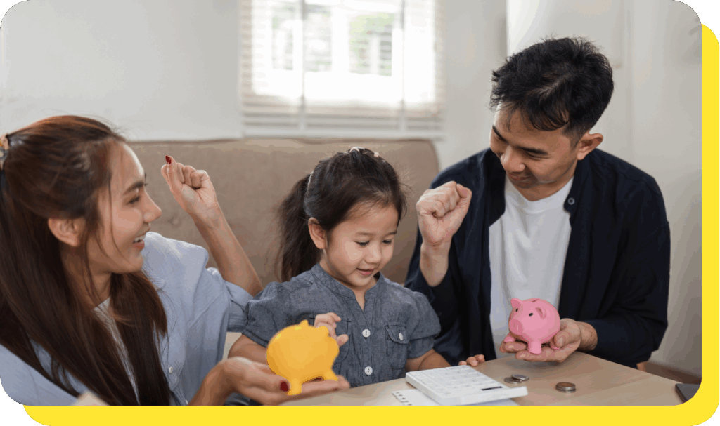 Parents with their kids setting savings goals for a goal savings calculator