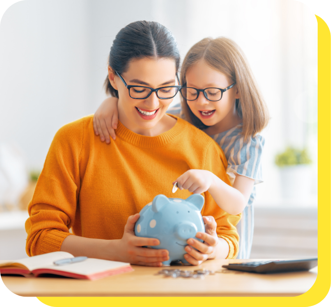 Woman with child saving money after budgeting