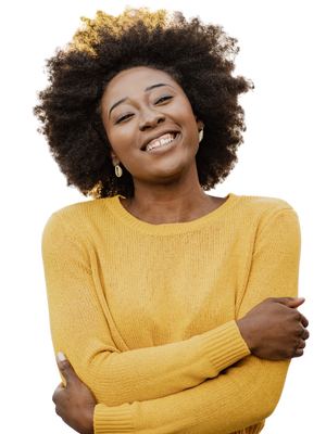 A woman smiling after using a budget calculator