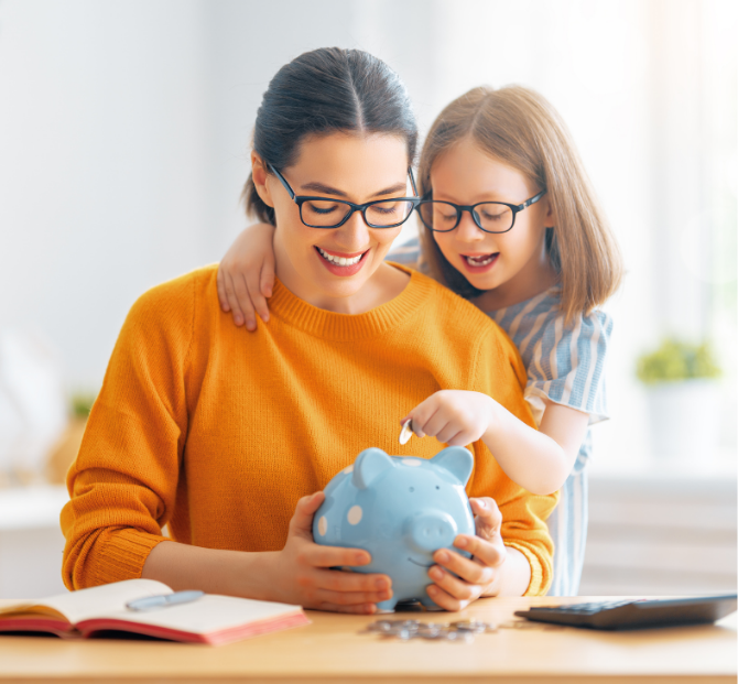 Mother and child using a piggy bank after using budget calculator