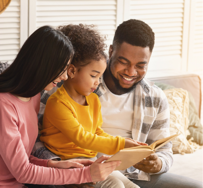 Parents and child smiling together while managing their Serve and Protect Credit Union account, demonstrating family financial security and trust.