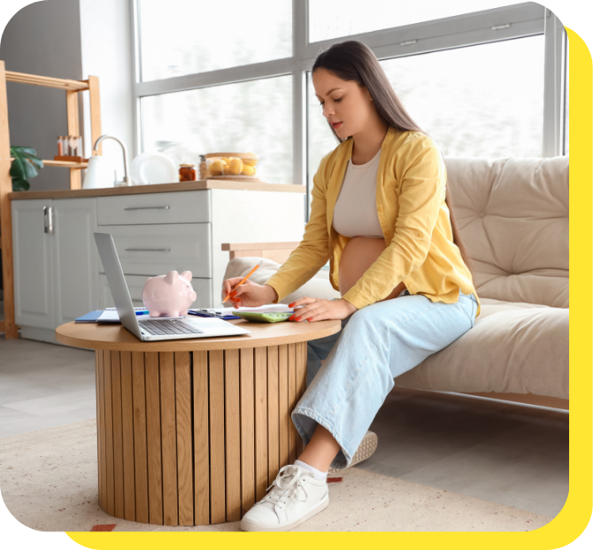 A pregnant woman calculating tax benefits for employees using a benefits calculator