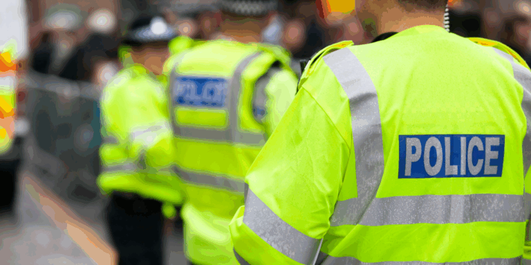 The back of three police officers in uniform