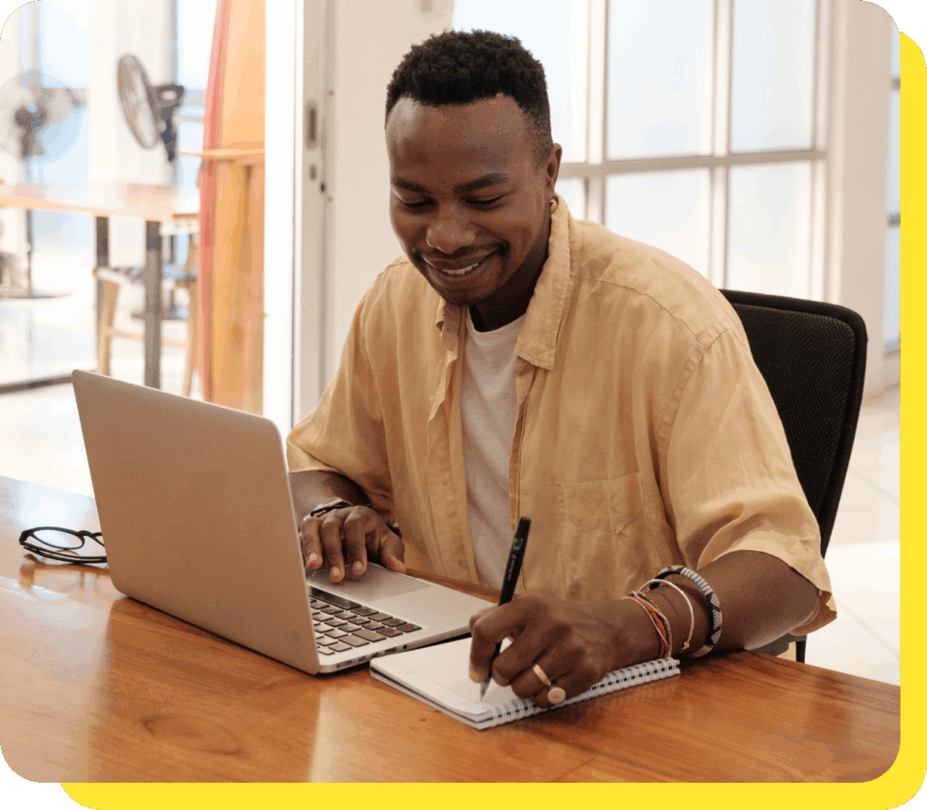 Man looking impressed while taking notes about the financial empowerment offered by Serve and Protect's open banking loans.