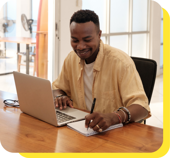 Man looking impressed while taking notes about the financial empowerment offered by Serve and Protect's open banking loans.