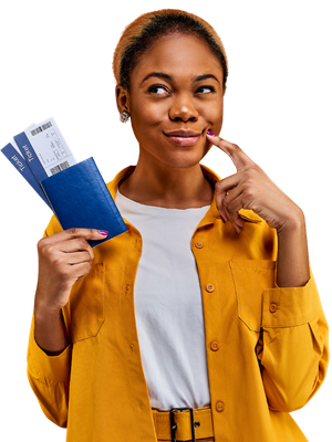 Woman holding a passport and smiling while planning costs with an immigration fee calculator